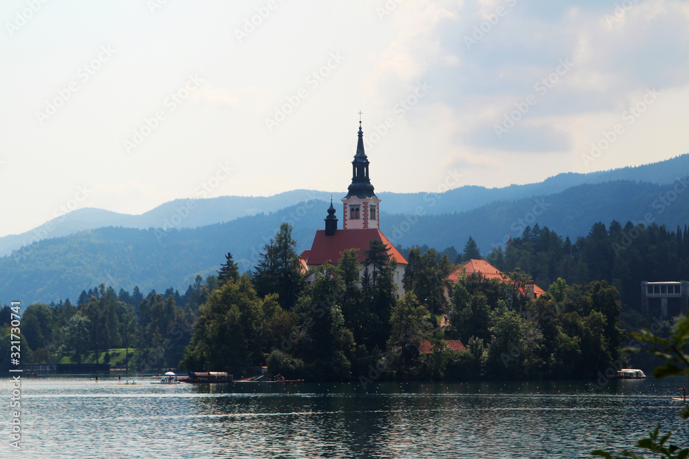 Lake Bled, view from the embankment, Slovenia Lake Bled, view from the embankment, Slovenia