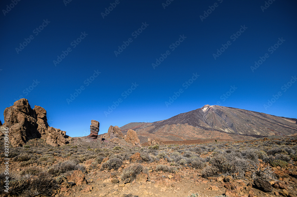 Rock formations and Mount Teide in National Park. Tenerife, Canary Islands
