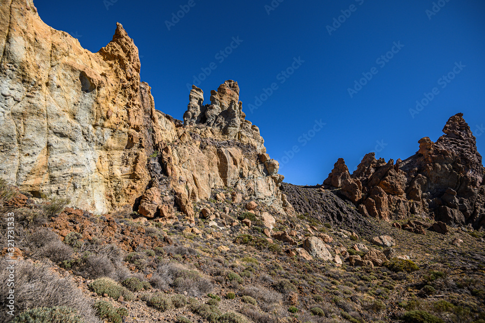 Beautiful background with Teide national Park, volcanic rock formations. Selective focus. Tenerife, Canary Islands