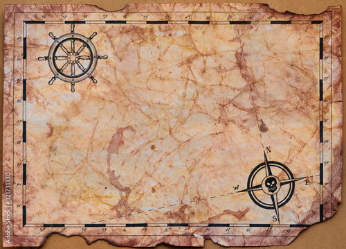 Blank pirate treasure map template for children. Сrumpled paper painted with watercolors and hand drawn ship steering wheel, compass and coordinate lines.