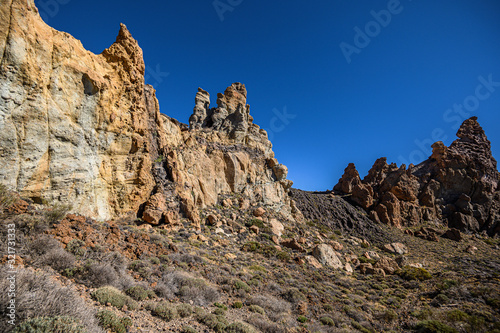 Beautiful background with Teide national Park, volcanic rock formations. Selective focus. Tenerife, Canary Islands