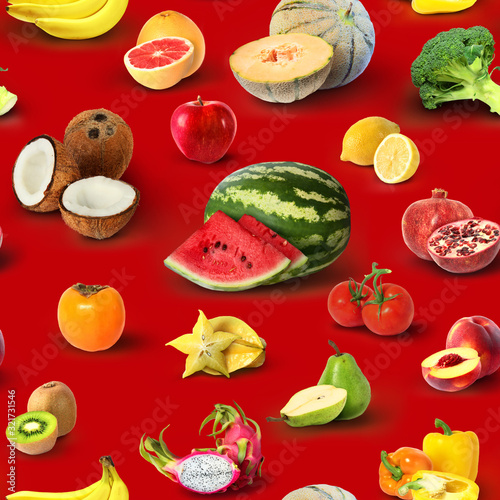 Seamless texture of different fruits on red background.