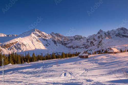 Winter landscape of Hala Gasienicowa Valey Gasienicowa  in Tatra mountains in Zakopane Poland