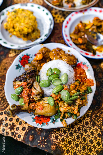 Nasi campur or Mixed Indonesian Rice with Tempe, sambal & pete.