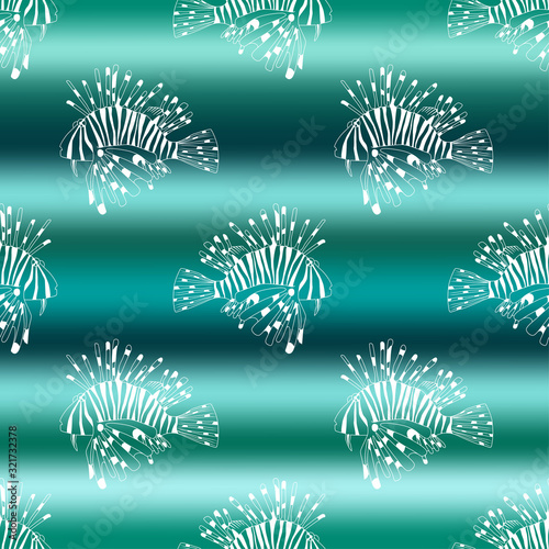  Vector illustration of marine seamless pattern. White sketch lion fish of gradient green sea wave background