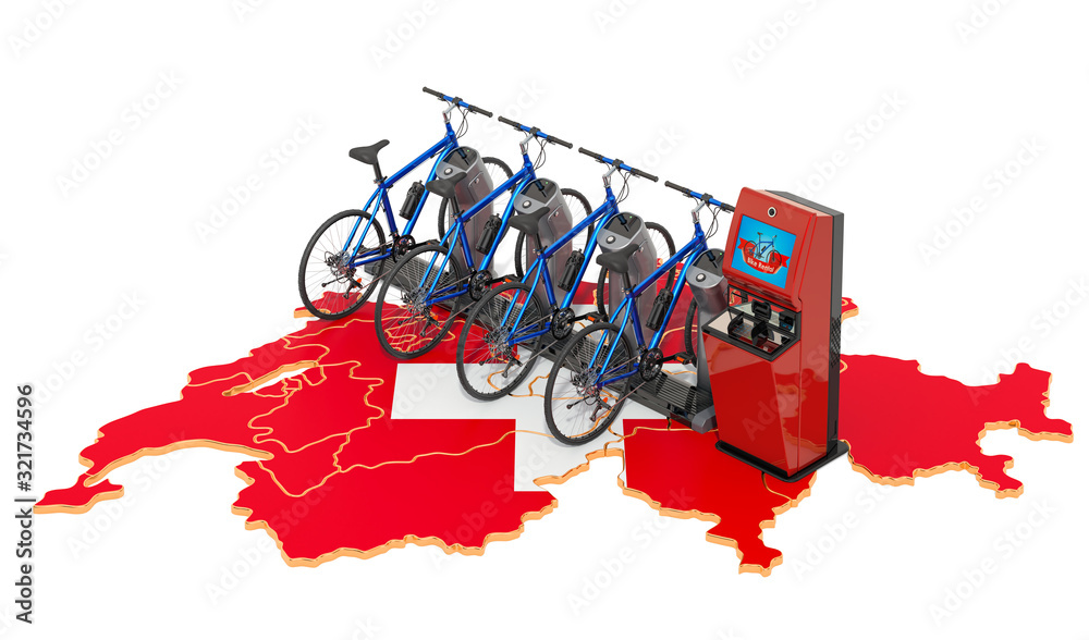 Bicycle sharing system in Switzerland concept, 3D rendering