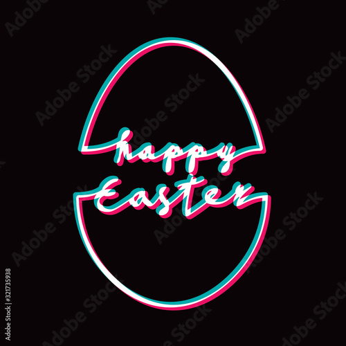 Happy Easter Realistic Anaglyph 3D Stereo Effect Doodle Style Logo and Egg Shape Outline Combined with Lettering - Red Turquoise and White on Black Background - Hand Drawn Design