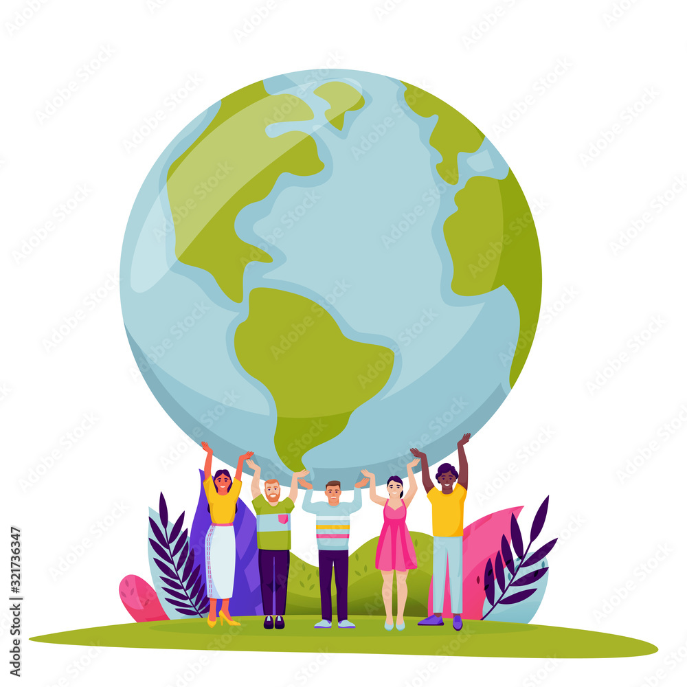 Naklejka premium People holding Earth planet. Vector Save Earth Day illustration. Tiny men and women hold world globe on hands