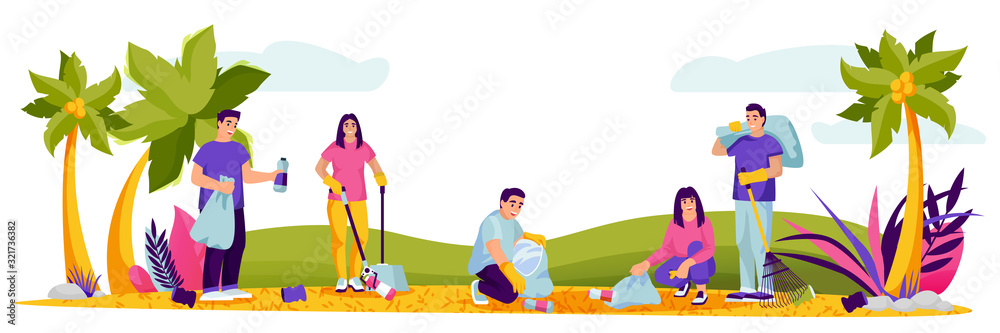 People cleaning plastic garbage on public beach. Vector illustration. Environment, ecology, nature conservation concept People cleaning plastic garbage on public beach. Vector illustration. Environment, ecology, nature conservation concept