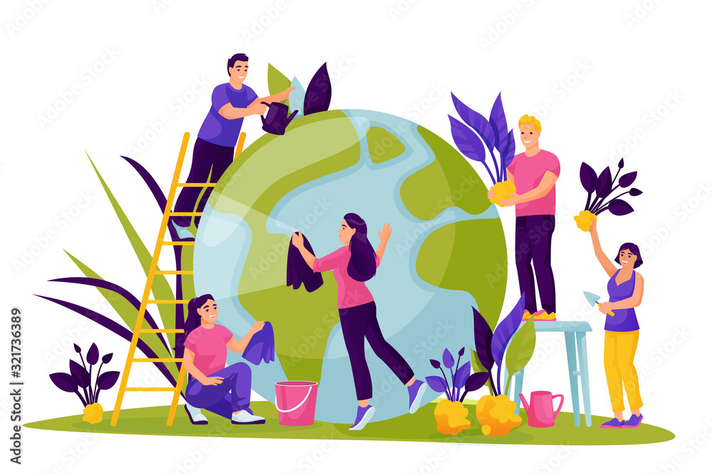 People take care of planet. Vector illustration for Save the Earth Day. Environment, ecology, nature protection concept People take care of planet. Vector illustration for Save the Earth Day. Environment, ecology, nature protection concept
