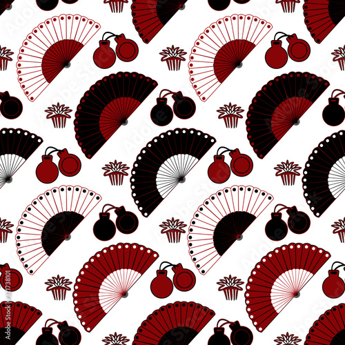 Flamenco seamless pattern with fans,  castanets and combs.