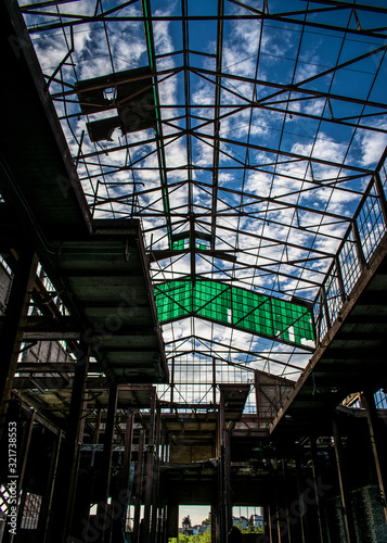 The sky from the inside of an abandoned factory