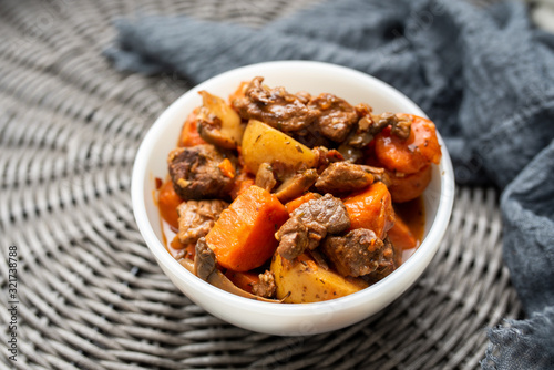 French cuisine Beef Bourguignon. Beef stew with red wine, carrots and potatoes. 