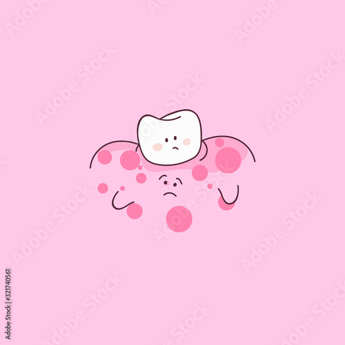 Sad Tooth with gum icon. Sore tooth, inflamed gums character. 