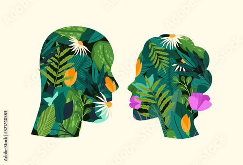 Green think. Silhouettes of man and woman, with flowers grow inside them. 