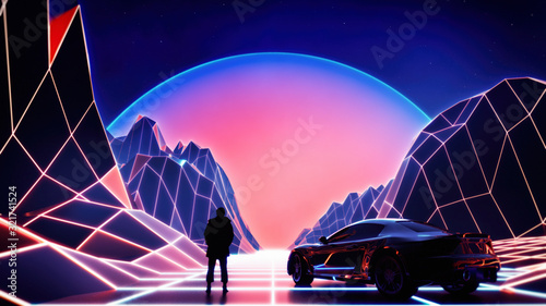 Fototapeta Naklejka Na Ścianę i Meble -  retro style synth wave themed landscape environment with high tech sports car and fantasy man figure
