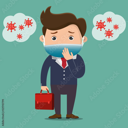 Business man wearing medical mask to protect himself from virus disease.Vector illustration.
