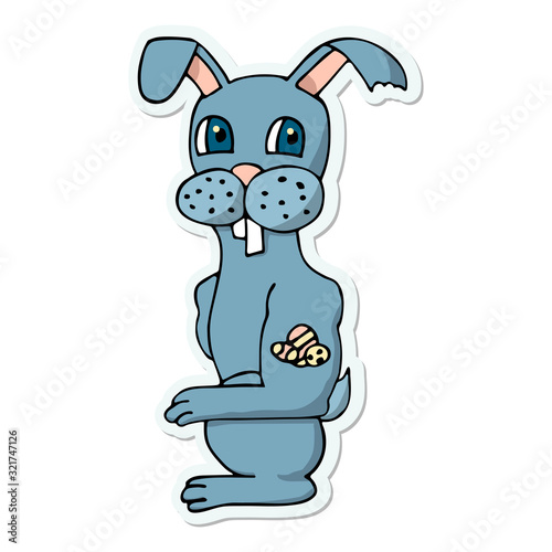 cool cartoon easter bunny with easter eggs tattoo. white background isolated sticker vector illustration