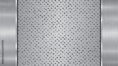 Background in silver and gray colors, consisting of a perforated metallic surface with holes and two vertical polished plates located left and right, with a metal texture, glares and shiny edges