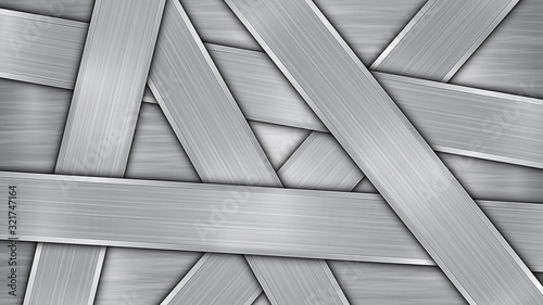 Background in silver and gray colors, consisting of a shiny metallic surface and several randomly arranged intersecting polished plates with a metal texture, glares and burnished edges