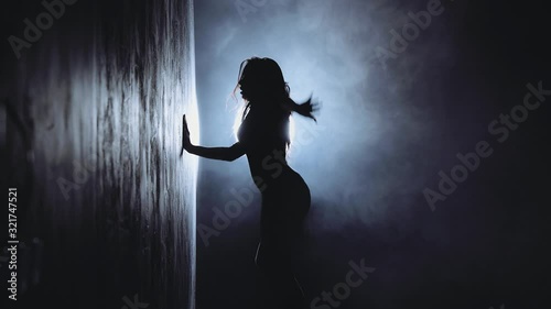 Silhouette of a sexy girl dancing sexy dance in high heels with light in her back. Black smoke background
