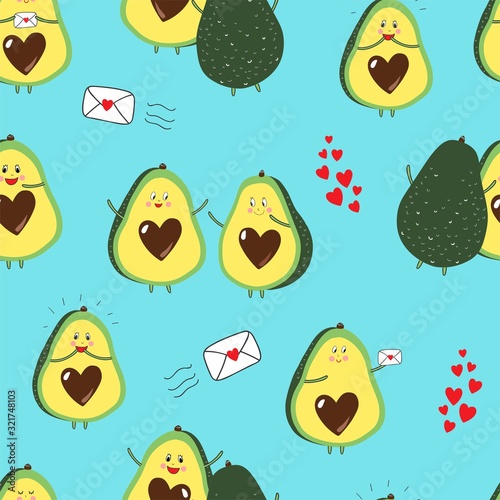 Vector seamless repeat pattern with happy excited avocados in love, giving hugs and sending love letters with little hearts on a bright aqua blue background