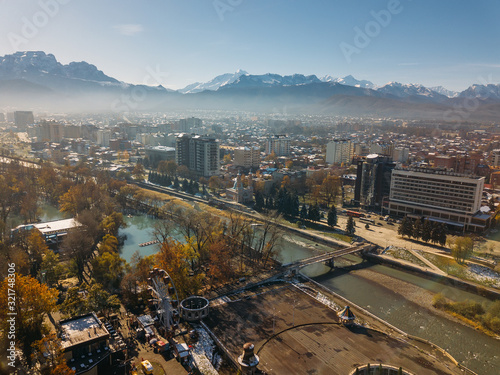 Vladikavkaz, capital of North Ossetia. Panorama of historical downtown from drone flight photo