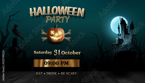 Vector Illustration Of Realistic.pumpkin Scary.dark castle.Halloween party.dark brown wooden.crow.