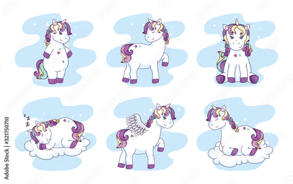 Obraz premium group of cute unicorns fantasy icons