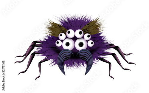 Fluffy purple spider cartoon. Childish cute tiny insect. Vector illustration.