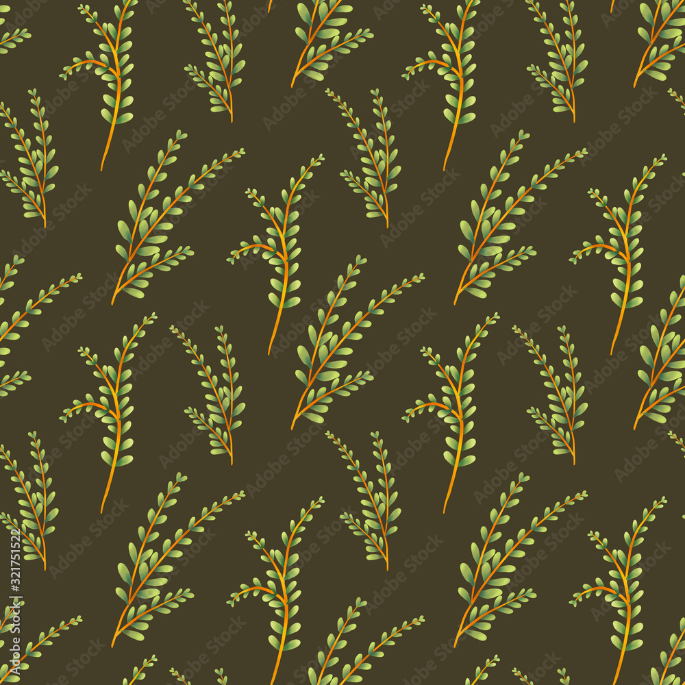 dark green background with green and light brown abstract hand-drawn branches, seamless pattern dark green background with green and light brown abstract hand-drawn branches, seamless pattern