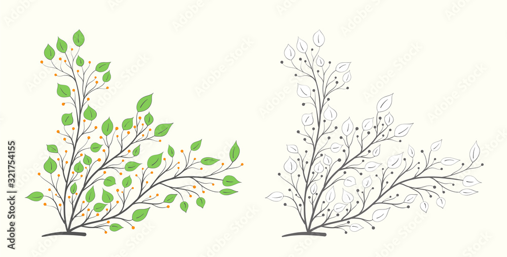 Tree branch with green leaves and orange berries in two versions on a light background