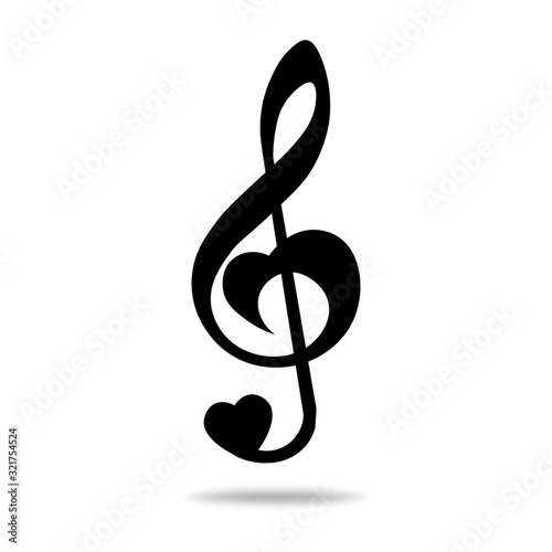 Music note treble clef, heart shape, vector illustration.