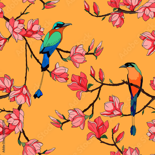 seamless pattern in bright colors, with magnolia flowers and birds, wallpaper ornament, wrapping paper © Halyna