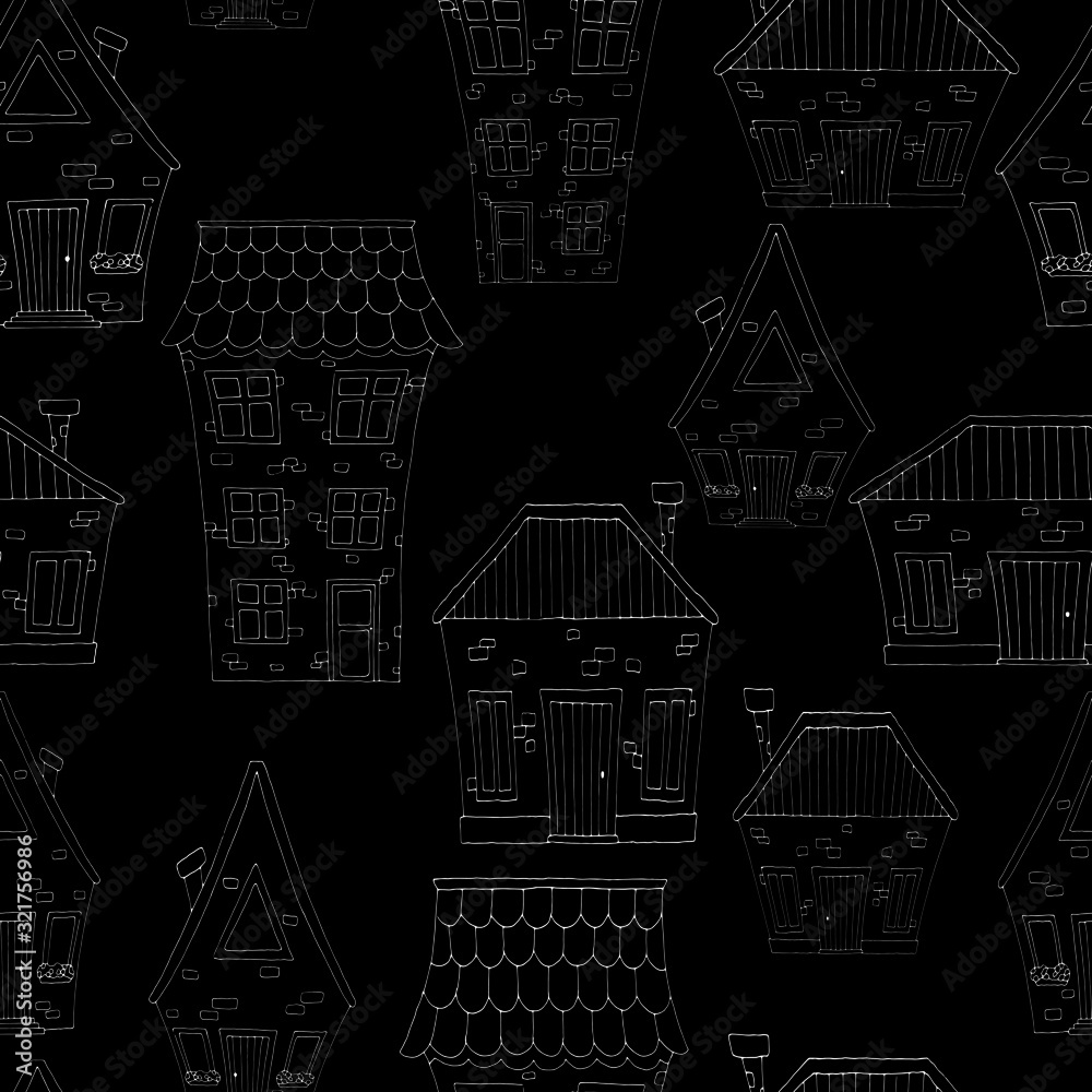 seamless pattern with black and white linear fairytale houses, wallpaper ornament, wrapping paper