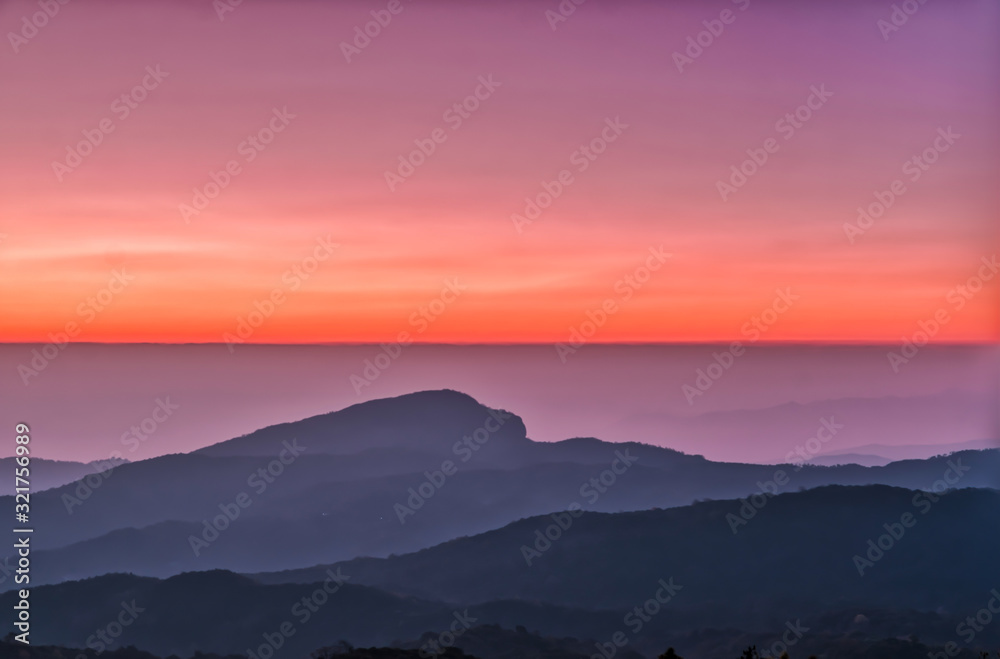 Doi Inthanon National park in the sunrise and mist at Chiang Mai Province, Thailand.