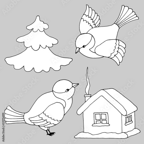 set of black and white line drawings, winter collection, house in the snow, Christmas tree and birds
