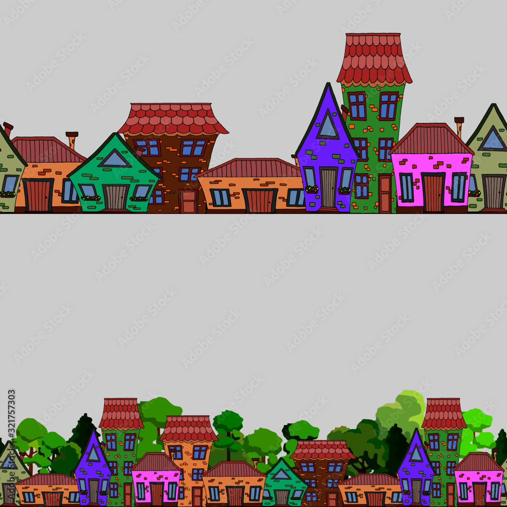 seamless border with the image of houses and trees