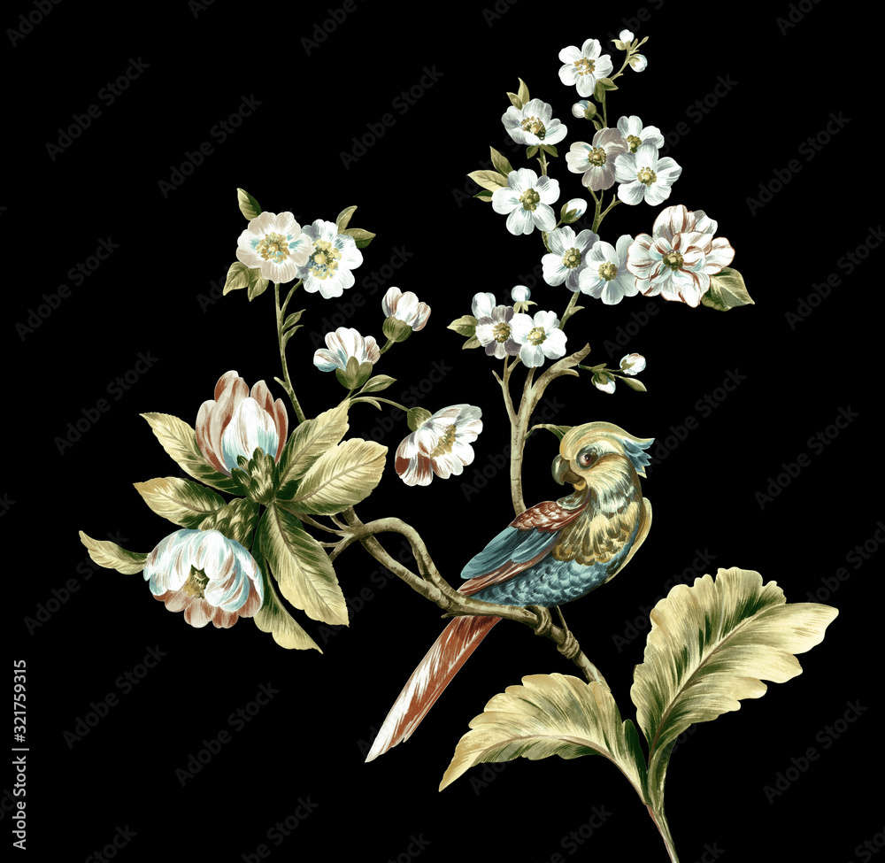Fototapeta premium Colorful flower on dark background,Flowers watercolor illustration,leaves and floral,Design for textile, wallpapers