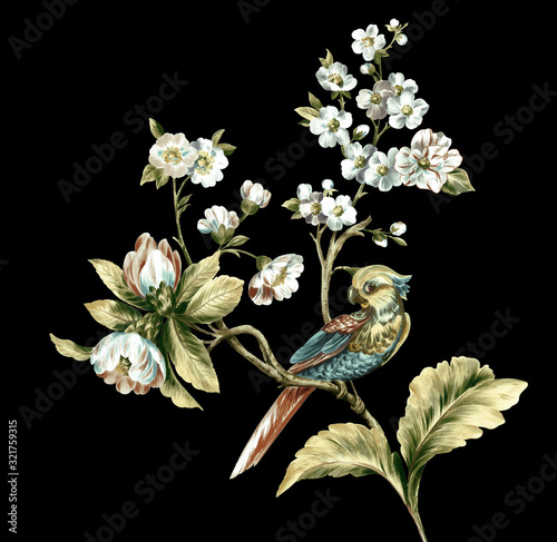 Colorful flower on dark background,Flowers watercolor illustration,leaves and floral，Design for textile, wallpapers