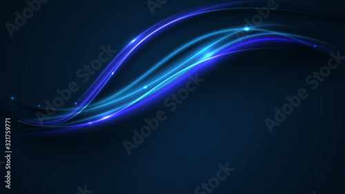 Blue and purple neon glowing curves waves