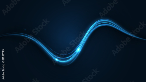 Blue neon glowing curves strewn with shine sparks