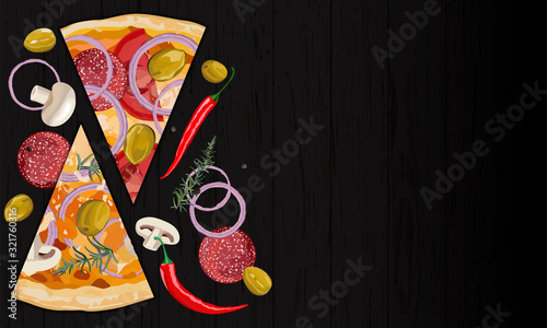 Italian original pepperoni and mushroom pizza slice on black background
