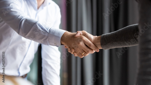 Close up business partners shaking hands, making agreement, acquaintance
