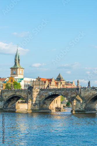 Scenic view of the Old Town pier architecture and Charles Bridge over Vltava river in Prague, Czech Republic