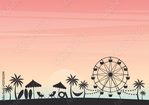Summer holiday. Silhouette palm tree with Ferris wheel and beach chair on beach under sky sunset. Cartoon style. Party summer background. Vector illustration.