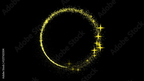 Golden glitter circle with star sparkling light shine . Bright light sparks with bokeh effect . Gold glittering ring shiny particle , magic shimmer glow