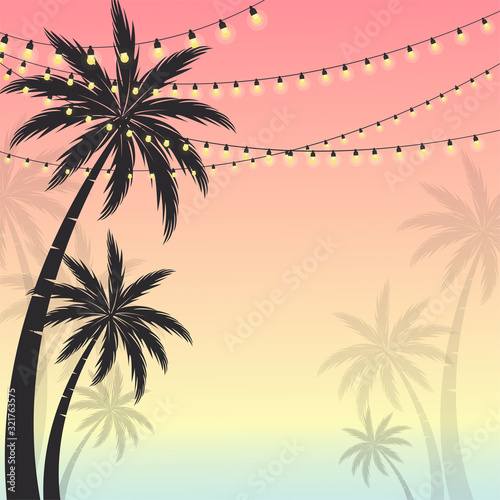 Summer holiday. Background with silhouette of Coconut trees with decorative lights. Summer party design for banner, invitation, flyer, poster, web site, or greeting card vector illustration.