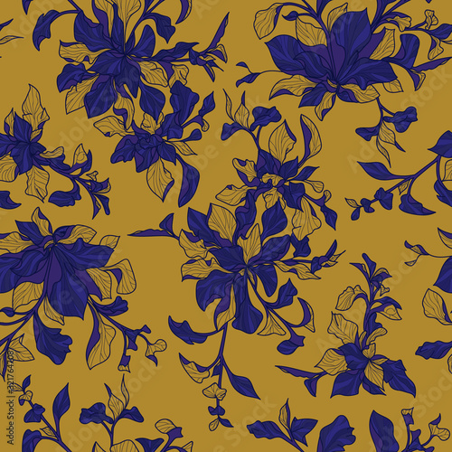 Blue leaves seamless repeating pattern with yellow background
