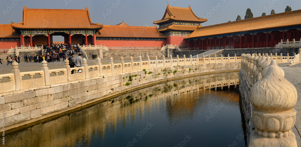 Panorama of Inner Golden Water River and Gate of Supreme harmony in the Forbidden City Beijing China